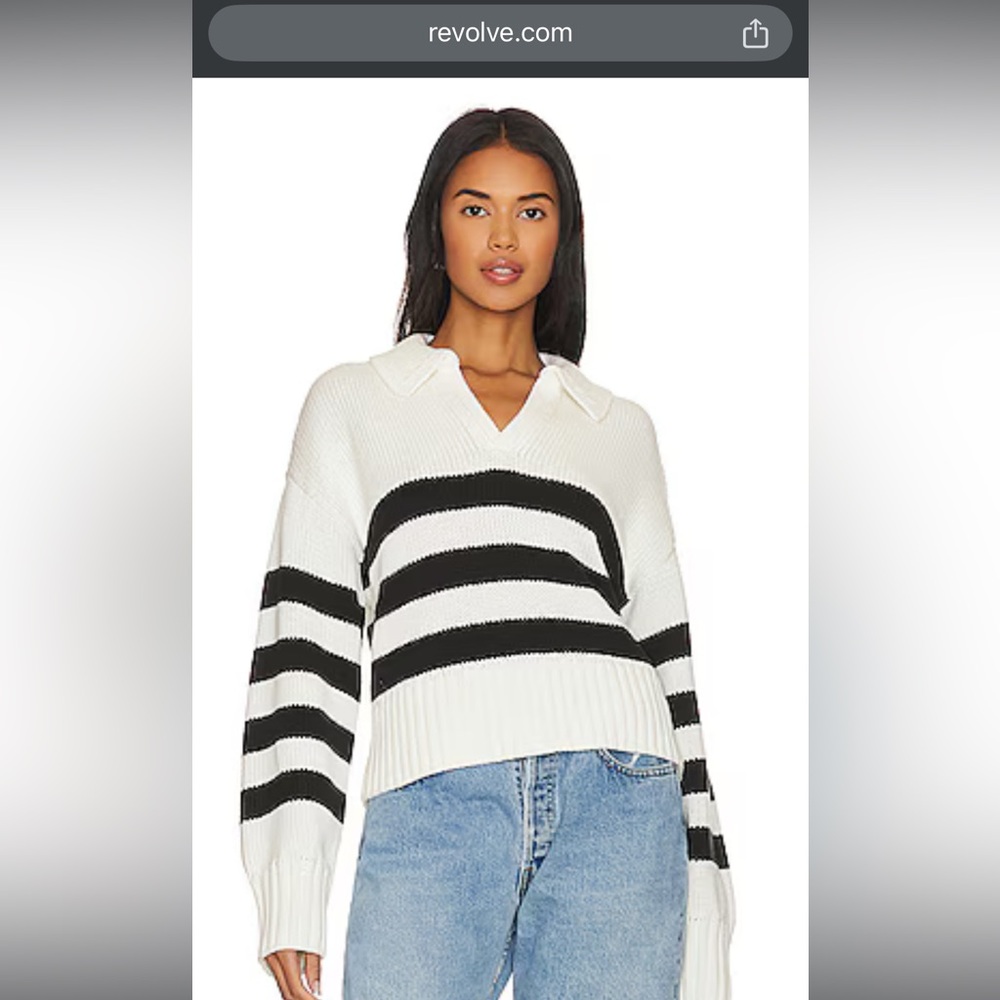 Pistola White and Black Striped V-Neck Collared Sweater